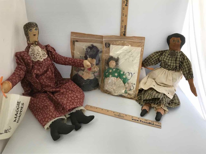 lot 399 image: (4) Handmade Dolls, Diane Silke of Guthrie OK Maggie Rhodes, Guthrie Gertie, Cottonwood Callie, Lucy Watts