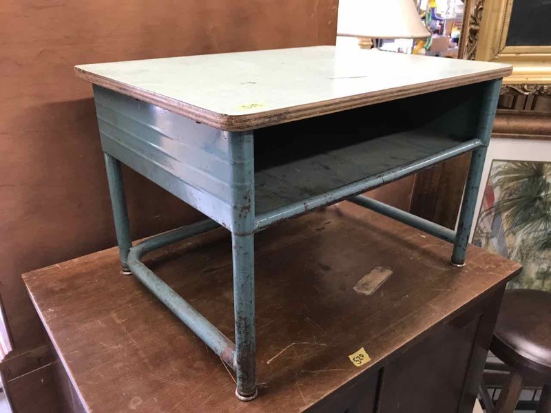 lot 519 image: Mid-Century Childs Desk (blue metal, laminate top)