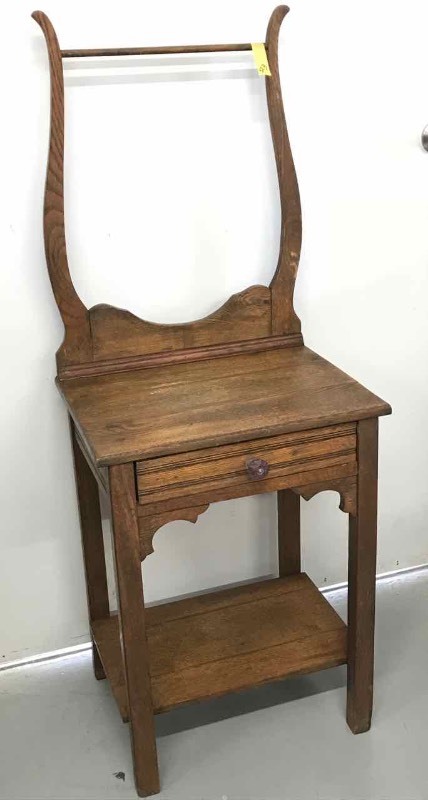 lot 523 image: Antique Oak Washstand with towel bar, drawers