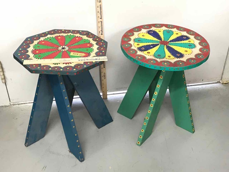 lot 525 image: (2) Colorfully Painted Little Patio Side Tables