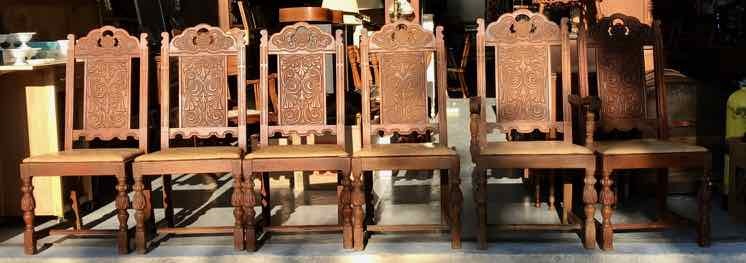 lot 527 image: (6) Six Oak Carved Chairs, Angeles Furniture Co,