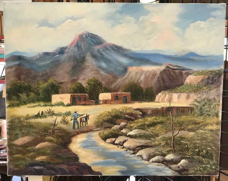 lot 17 image: Original Painting by Maxine Coffeey Man & Donkey