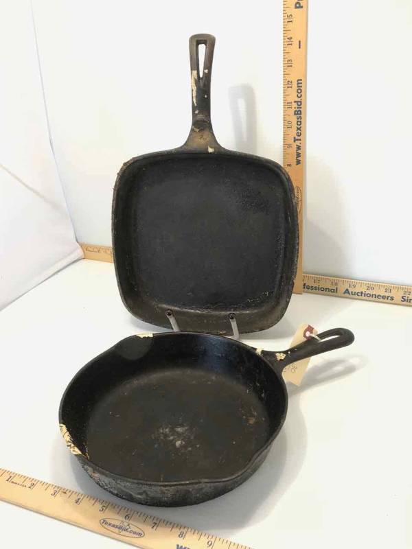 lot 30 image: (2) Cast Iron 9-12 Square Skillet & 9 Round Skillet