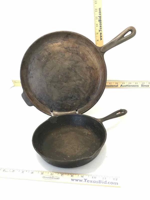 lot 31 image: (2) Cast Iron Comal & 8 Skillet
