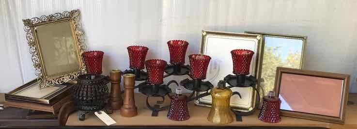 lot 32 image: Candle Holders, Red Glass Cups, Asst. Photo Frames