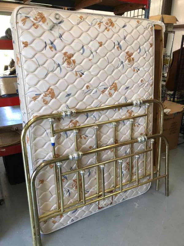 lot 35 image: Modern Brass-Style Headboard, Footboard, Mattress & Box Springs (no rails)