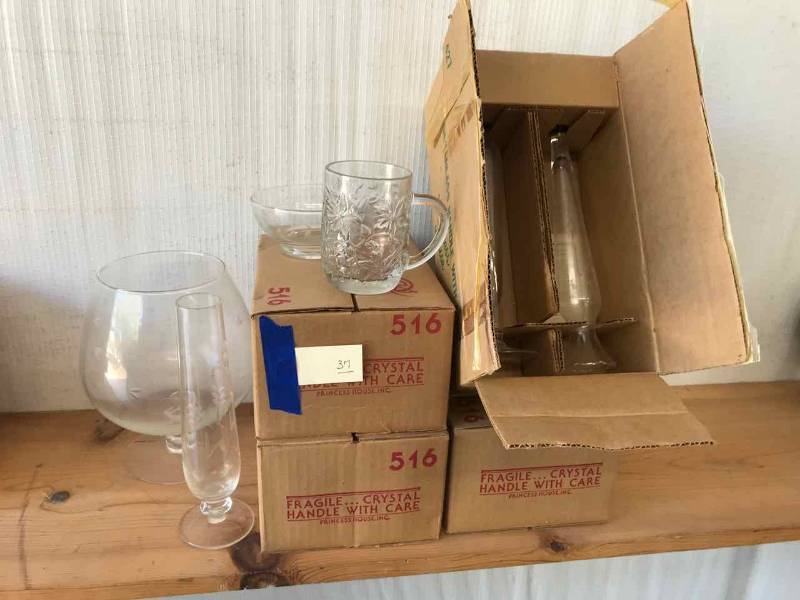 lot 37 image: Princess House (12) Fantasia Mugs 516 in boxes, (2) Etched Vases 427 in Box, Asst. Other Vases