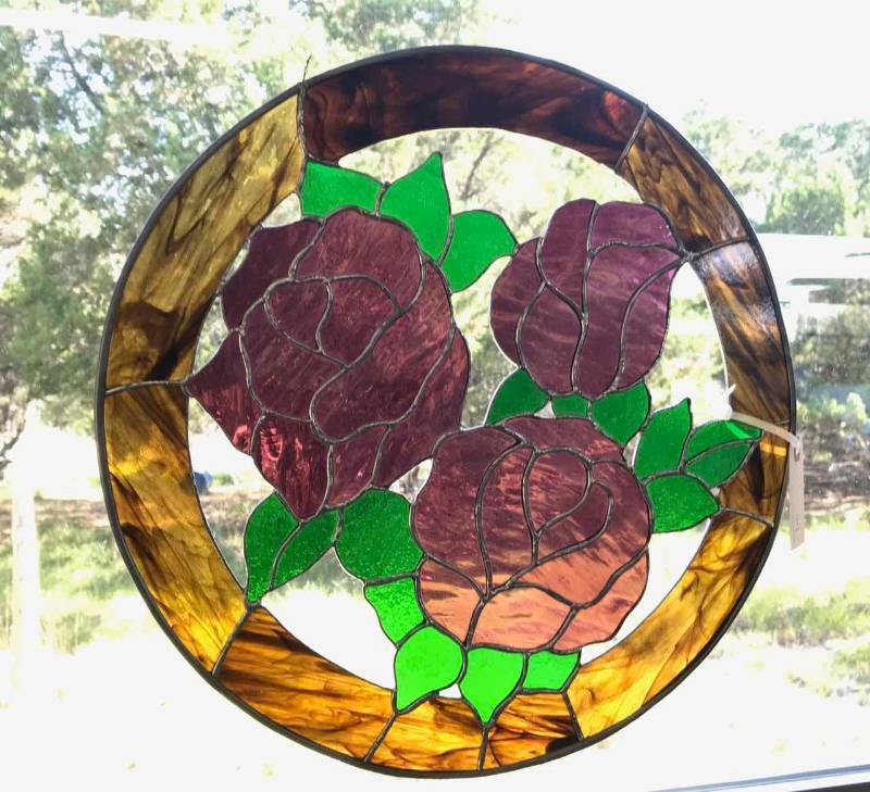 lot 47 image: Stained Glass Purple Rose Trio, Hanging