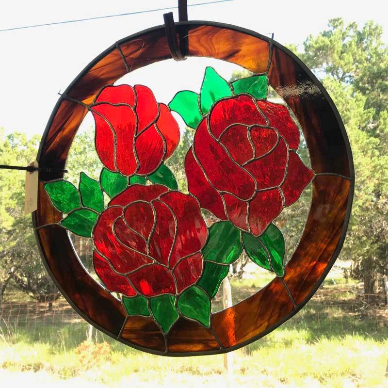 lot 48 image: Stained Glass Red Rose Trio, Hanging