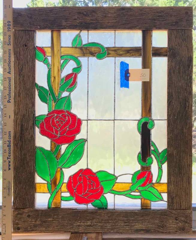 lot 50 image: Stained Glass Framed Panel, Red Roses