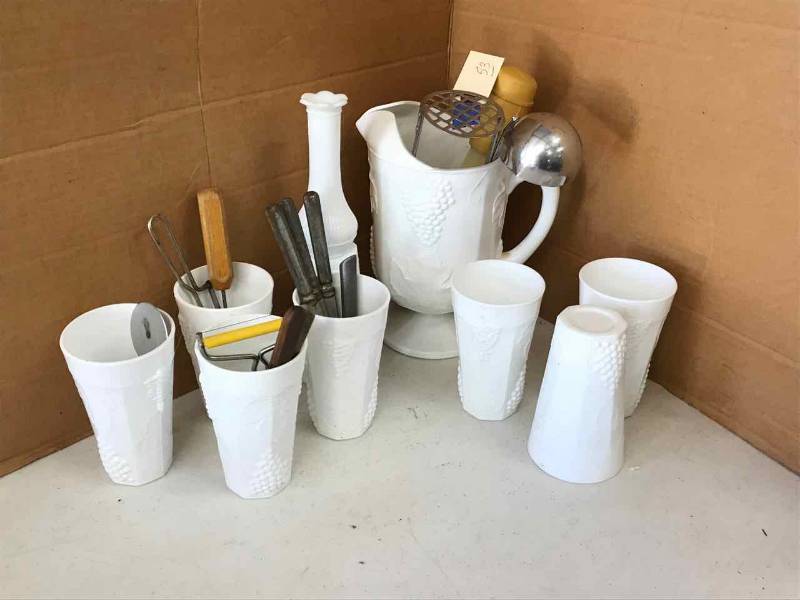 lot 53 image: Opaque White Glass Pitcher, Glasses, and some assorted utensils
