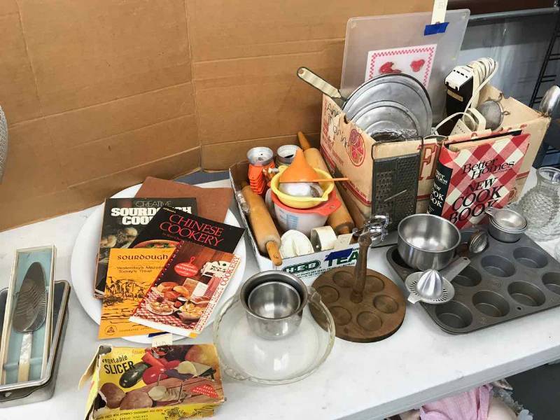 lot 57 image: Assortment Cookbooks, Hand Mixer, Juicers, Rolling Pins, Timers, Measuring Cups, Etc.