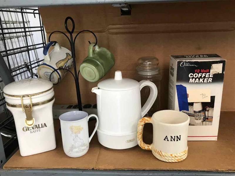lot 70 image: Coffee Makers, Ann Cups, Stand, Asst. Cups