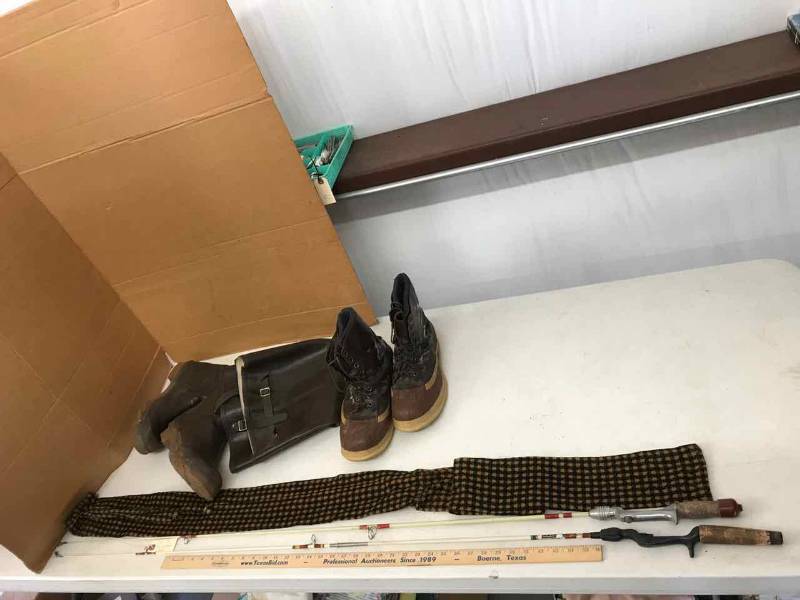 lot 73 image: Cabelas Hip Waders, Rubber Boots, (2) Fishing Poles, Fabric Sleeve