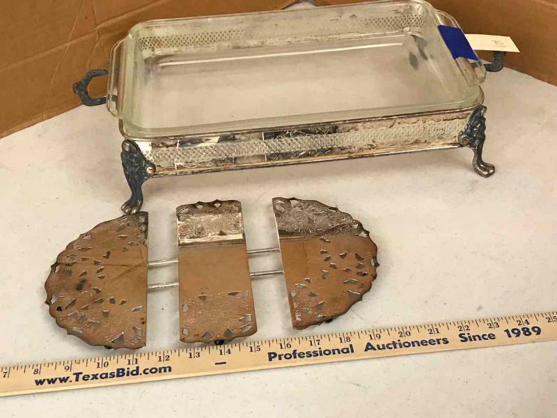 lot 75 image: Fire King 3-Qt. Casserole with Silver Plate Holder, Silver Plate Extendable Trivet