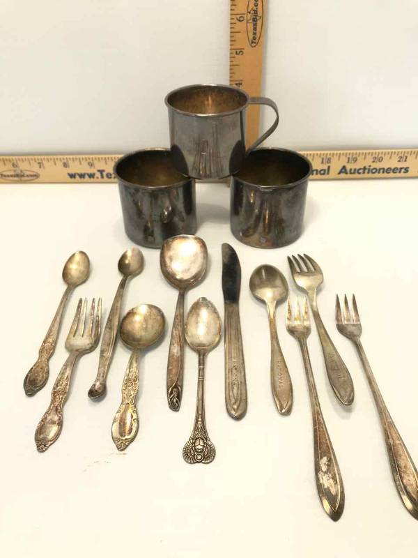 lot 85 image: (3) Baby Cups, Childrens Eating Utensils (National, Tippy Taster)