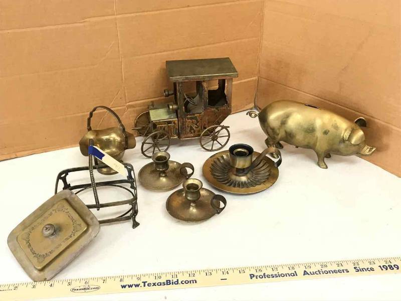 lot 90 image: Brass  Music-Box Car, Candle Holders, Pig Coin Bank
