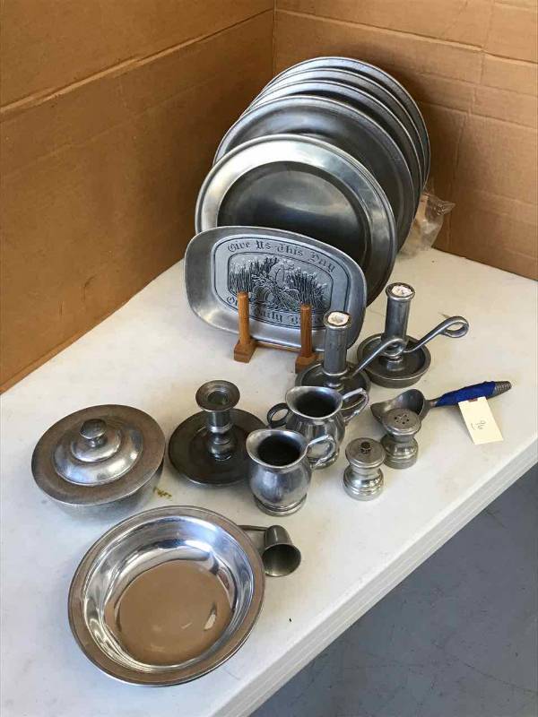 lot 96 image: Newer PewterArmitale Salt & Pepper, Creamer & Sugar, Plates, Etc.