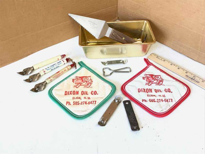 lot 99 image: Advertising Items (A.H. Rabbit Hare, Oorhead Oil, Dixon Oil) and Asst. Can OpenersPiercers