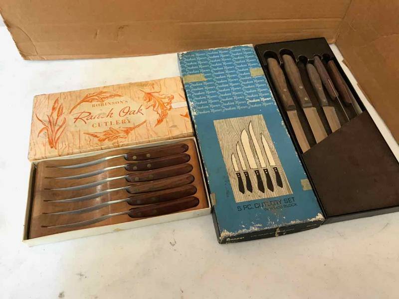 lot 100 image: Knives Johnson Knife Co. Steak Knives and a 5-Piece Cutlery Set in wood block