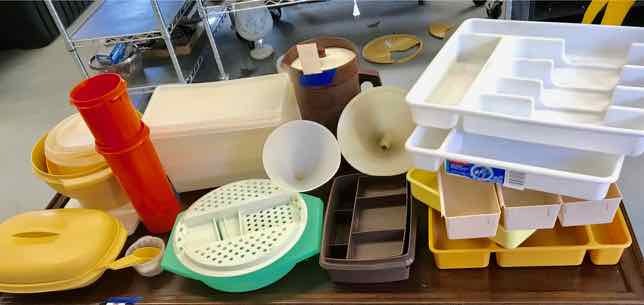 lot 102 image: Tupperware, Rubbermaid, Etc. Cutlery Organizers, Bowls, Pitcher, Drawer Organizers, Etc.