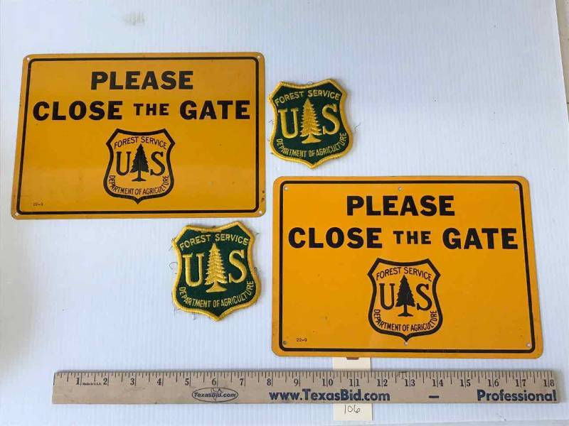 lot 106 image: (2) Tin signs, (2) Patches