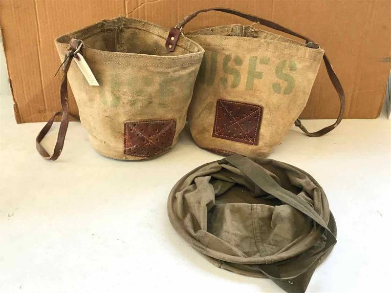 lot 109 image: (2) Leather & Canvas Feed Buckets, (1) OD Green Field Tote