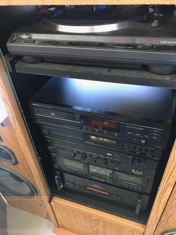 Onkyo Stereo System in Cabinet, (2) Speakers, Stand (see video