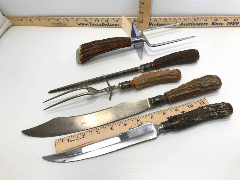 lot 119 image: Stag Handle Carving Tools 2 Forks, Sharpener, 2 Knives (Case XX Chromium, Meriden Cutlery Co.)