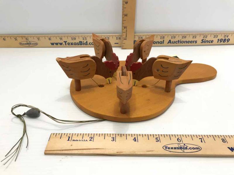 lot 121 image: Wood Crafted Toy, Chickens Pecking (see video)
