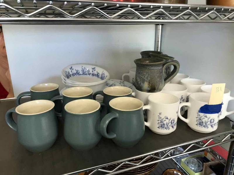 lot 122 image: Asst. Pieces of Arcopal France Dishes, 6 Blue Mugs, (3) Blue Pottery Mugs
