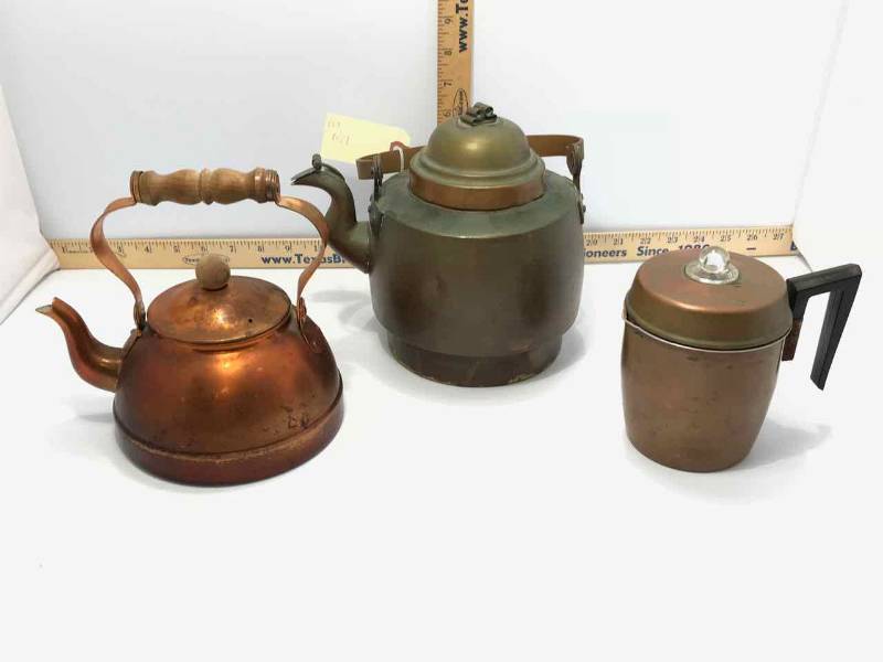 lot 124 image: Copper Tagus Portugal Tea Pot, A.W. Blomgren Boriange Tea Kettle, Little Coffee Pot