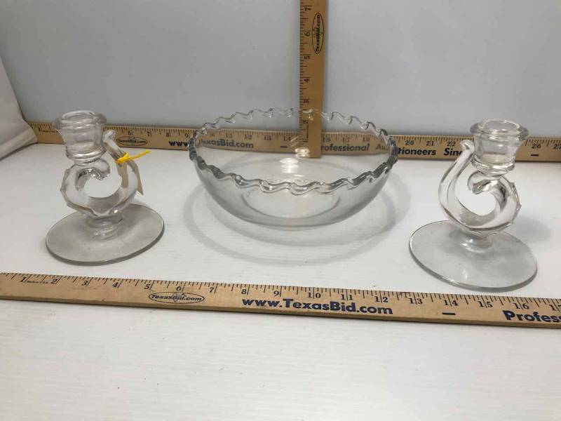 lot 129 image: Vintage Glass Candleholders, Bowl (waves)