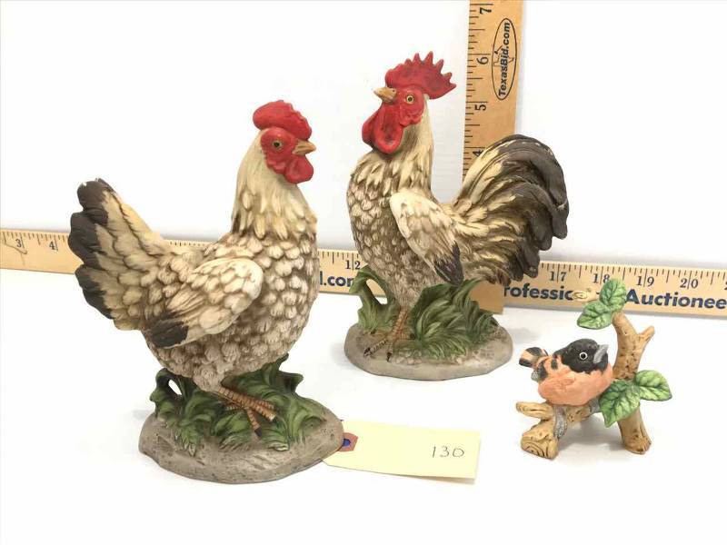 lot 130 image: (2) Chicken & Rooster Figurines (1446), Robin Figurine