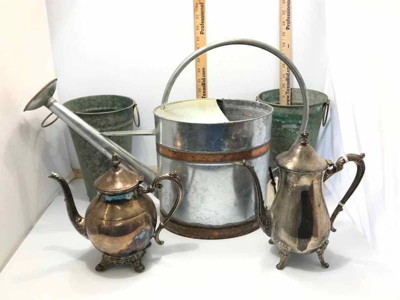 lot 131 image: Metal Watercan, 2 Small Galvanized Buckets, 2 Silver Plated Tea Pots