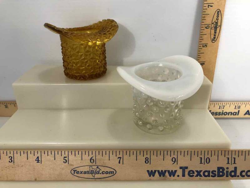 lot 139 image: (2) Top Hat Toothpick Holders Milk Glass (fire), Amber