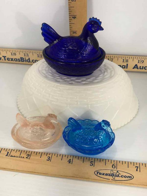 lot 169 image: (3) Hen on Nests (Cobalt B, Pink, Blue), Opaque Milk Glass Bottom Only
