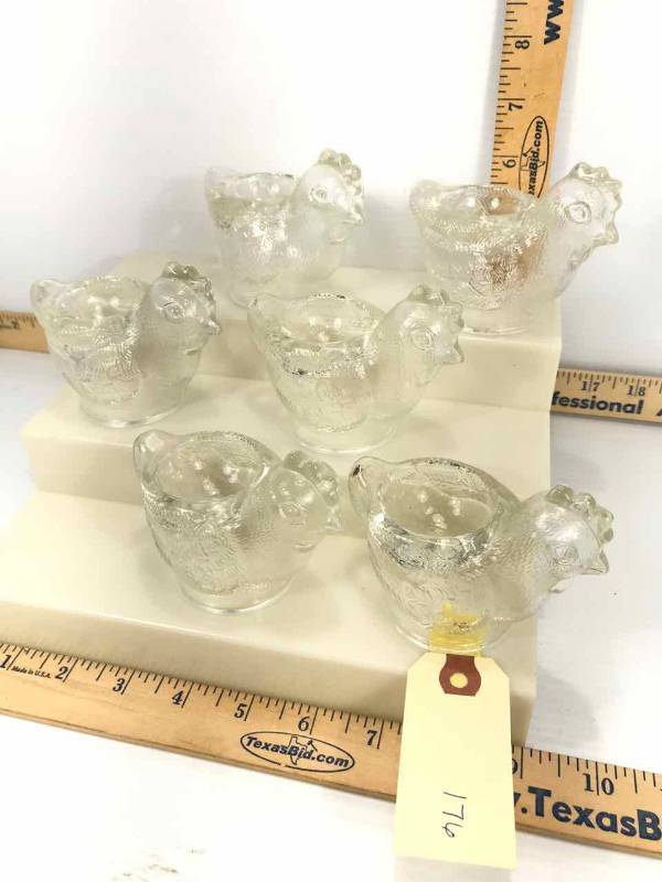 lot 176 image: (6) Egg Cups  Clear Glass Chicken