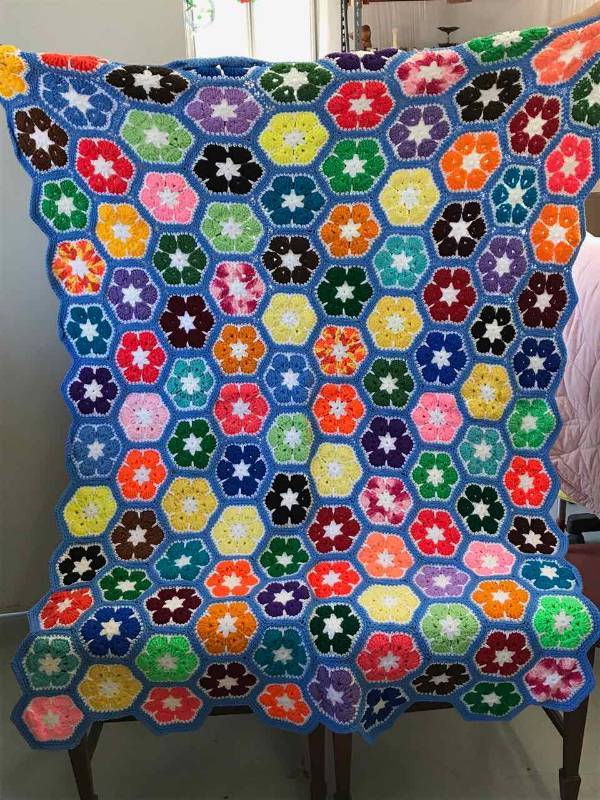lot 203 image: Crocheted Blanket (Blue with Flower Power)