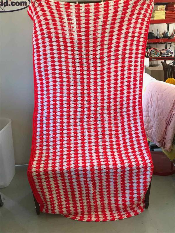 lot 204 image: Crocheted Blanket (red & white)