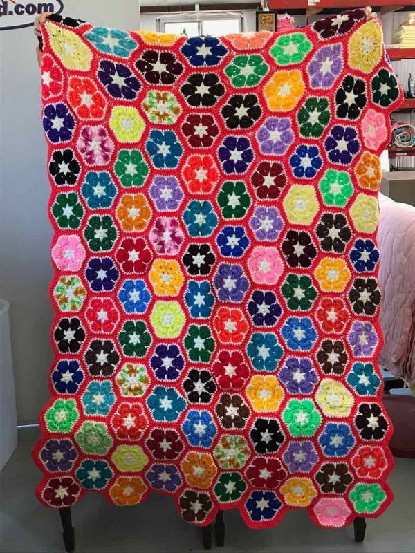 lot 205 image: Crocheted Blanket (bright red with flower power)