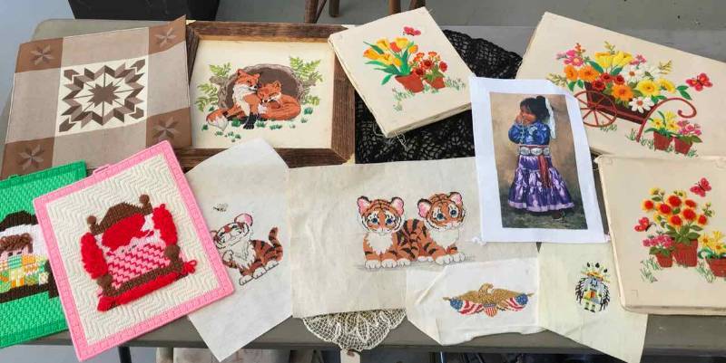 lot 235 image: Wall Art Framed Needlework Foxes, Asst. Needlework Items