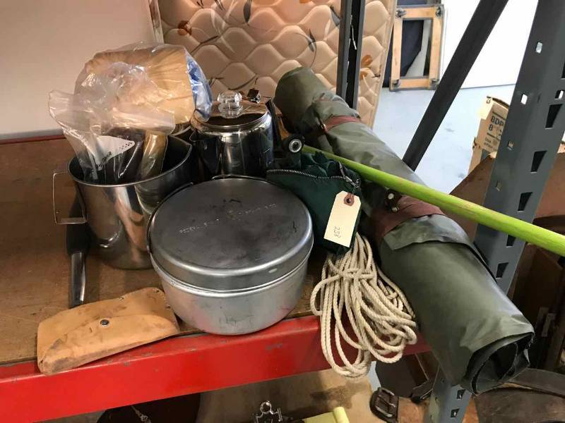 lot 238 image: Camping Pad, Pots, Pitcher, Hatchet, Coffee Pot