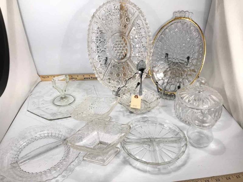 lot 241 image: Nut Bowls, Pressed Glass Divided Trays, Candy Dish, Handled Tid-Bit Tray, Etc.