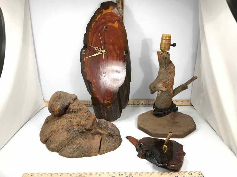 lot 242 image: Tree Branch Lamp, Burled Stump Book End, Wood Slab Clock, Wood Slab Pen Holder