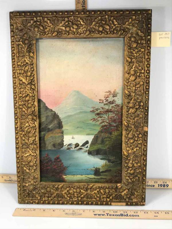lot 247 image: Original Painting in Frame with Oak Leaves & Acorns (some chips) boat on water
