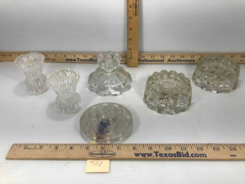 lot 251 image: Glass  Flower Frog, Candle Holders, Toothpick Holders