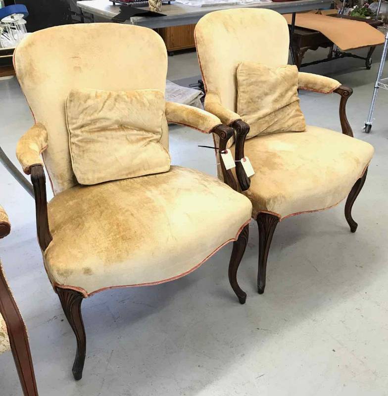 lot 311 image: (2) Antique Upholstered Formal Chairs (need recovering)