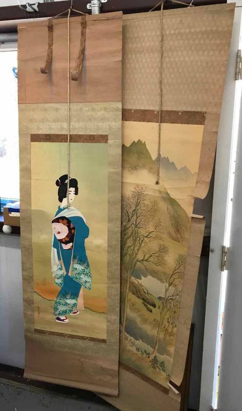 lot 312 image: (2) Vintage Paper Wall Hanging Scrolls