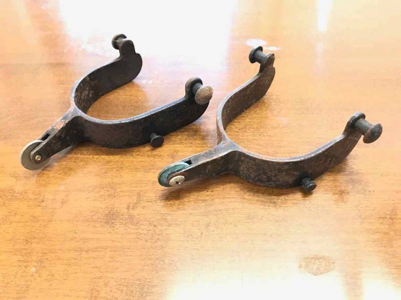 lot 406 image: Spurs  Steel with nickel rowels, bull hooks (offset shank)